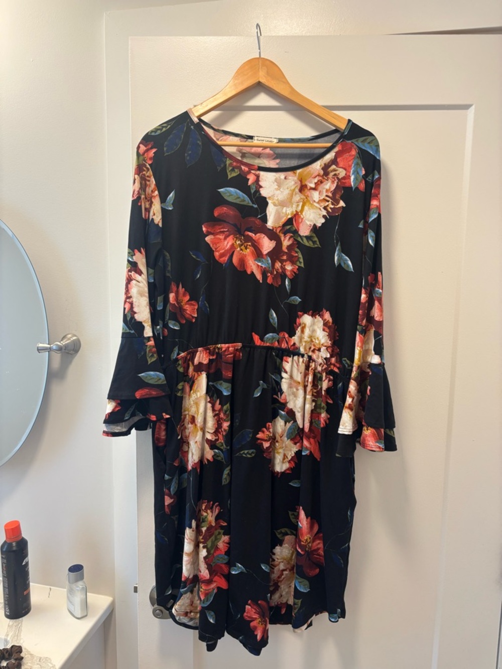 Floral Tiered Midi Dress in Black with Red & Cream Blooms